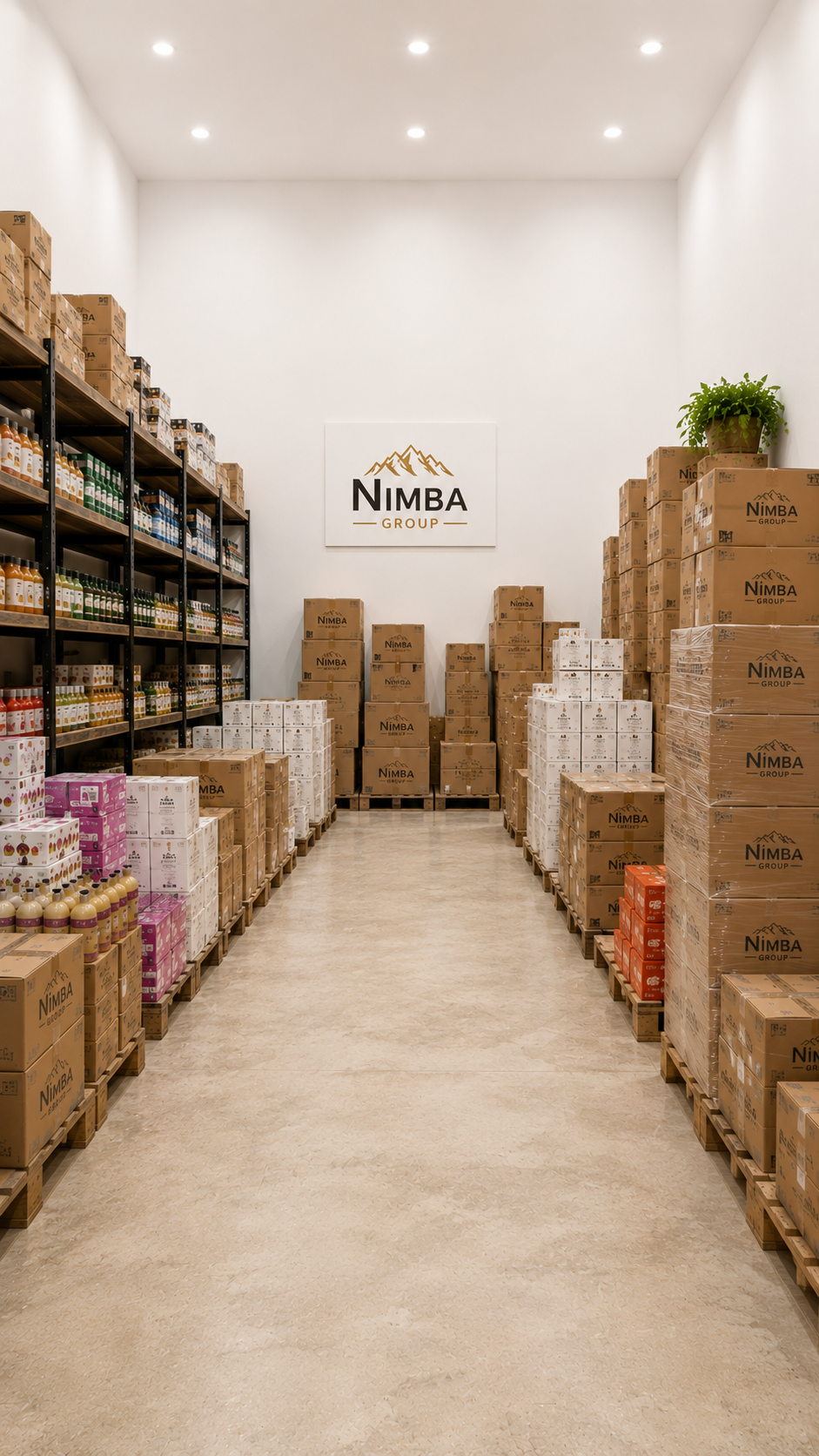 Entrepôt Nimba B2B : rayonnages et palettes de produits en gros à Conakry